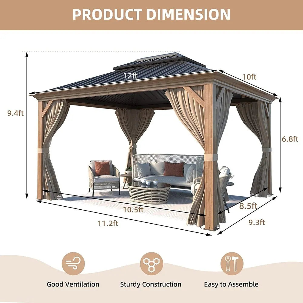 Outdoor Hardtop Gazebo with Galvanized Steel Double Roof & Aluminum Frame, Outdoor Pergola with Premium Curtains and Nettings