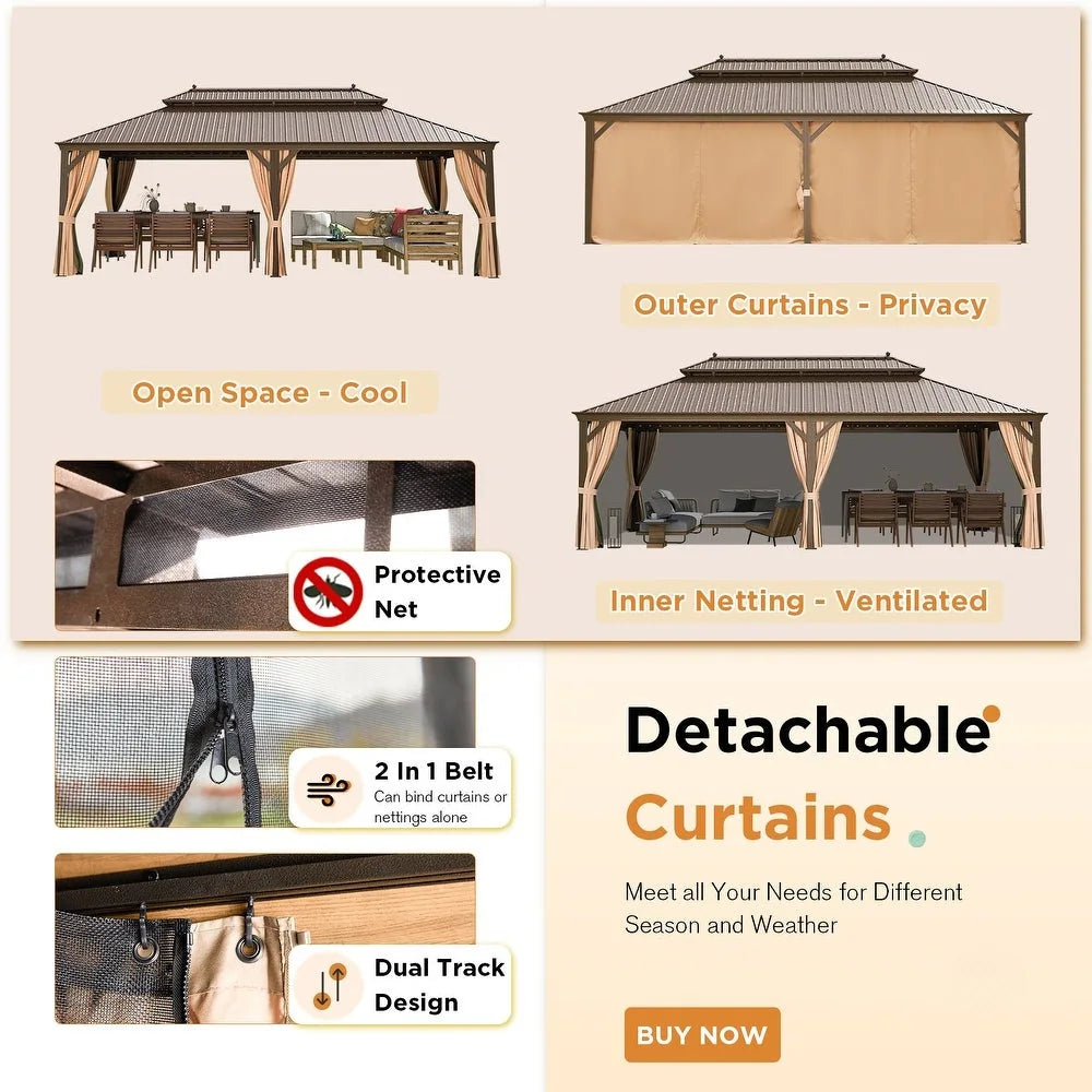Outdoor Hardtop Gazebo with Galvanized Steel Double Roof & Aluminum Frame, Outdoor Pergola with Premium Curtains and Nettings