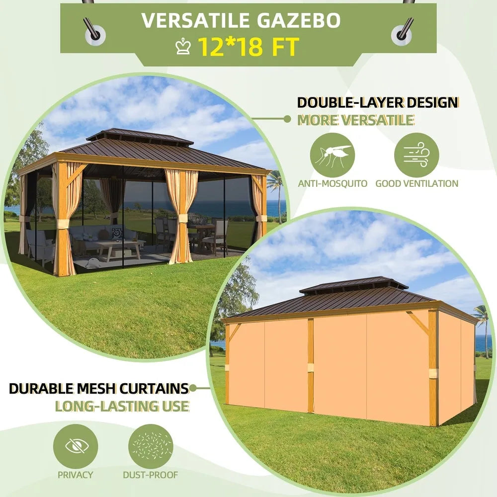 Outdoor Hardtop Gazebo with Galvanized Steel Double Roof & Aluminum Frame, Outdoor Pergola with Premium Curtains and Nettings