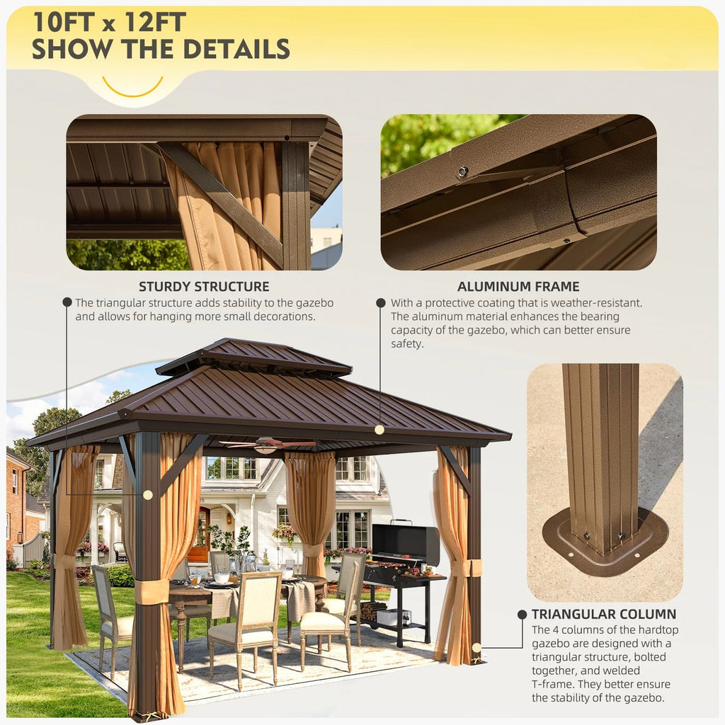 Outdoor Hardtop Gazebo with Galvanized Steel Double Roof & Aluminum Frame, Outdoor Pergola with Premium Curtains and Nettings
