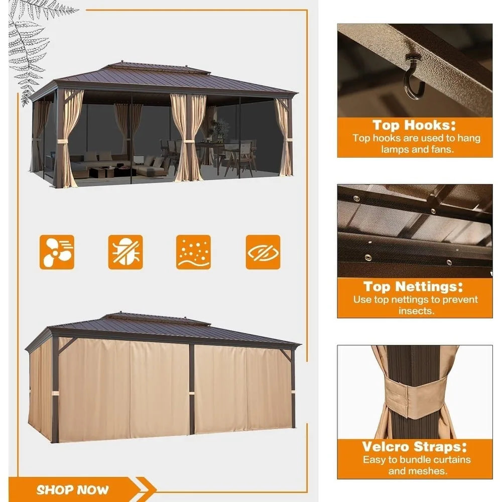 Outdoor Hardtop Gazebo with Galvanized Steel Double Roof & Aluminum Frame, Outdoor Pergola with Premium Curtains and Nettings