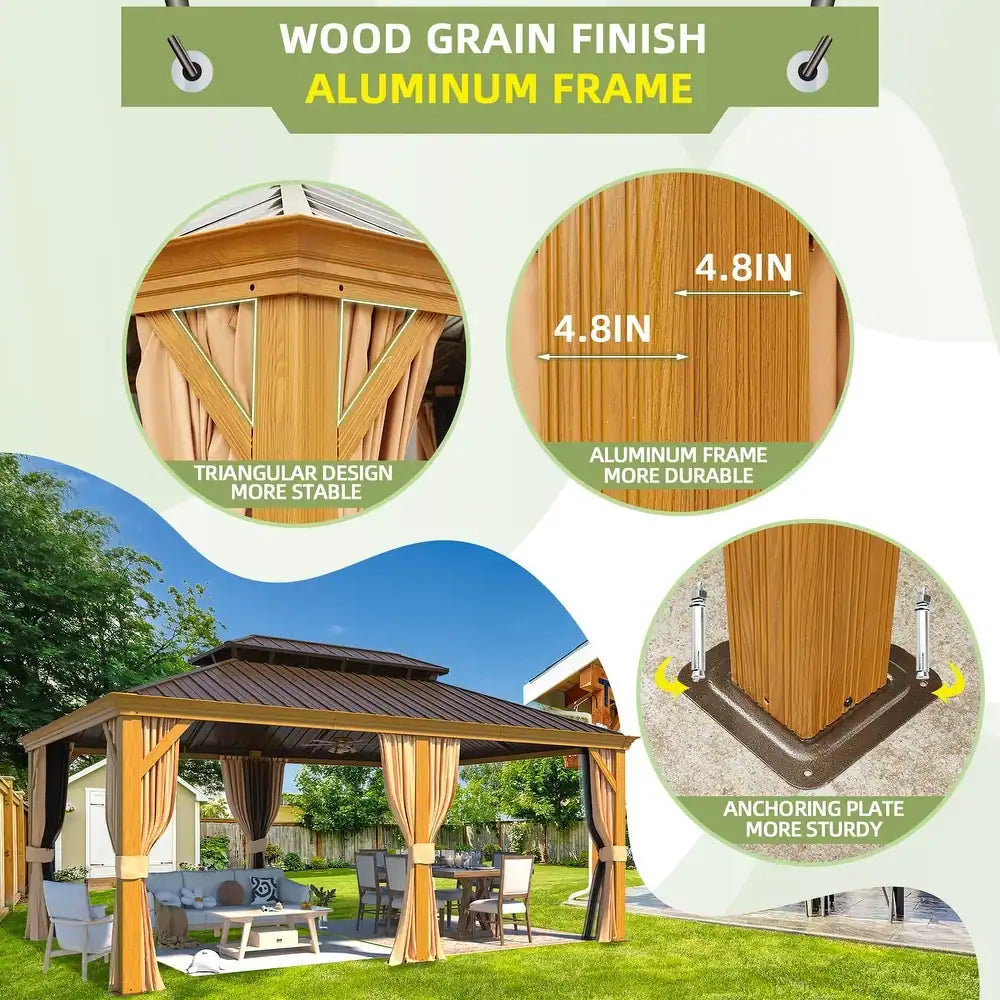 Outdoor Hardtop Gazebo with Galvanized Steel Double Roof & Aluminum Frame, Outdoor Pergola with Premium Curtains and Nettings