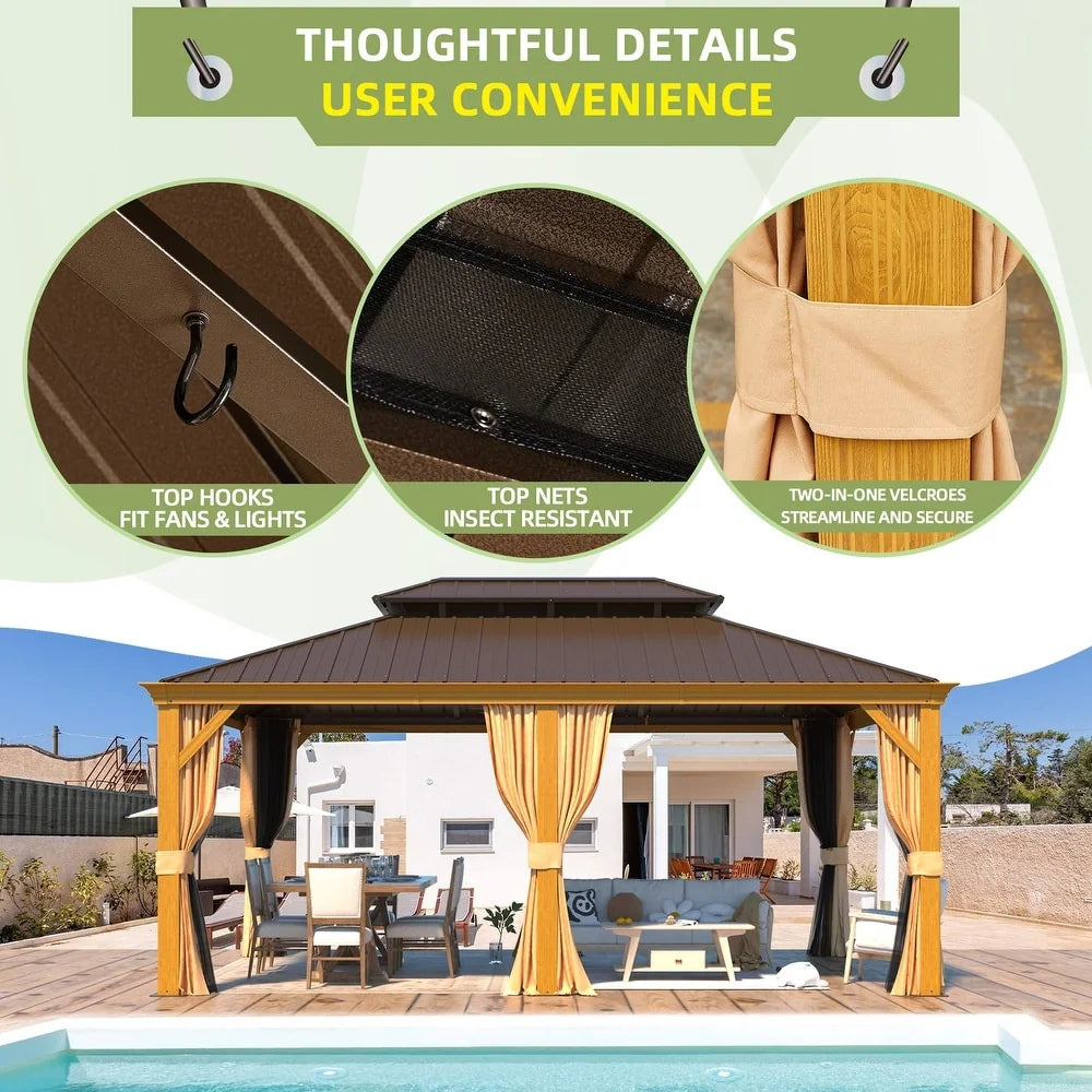 Outdoor Hardtop Gazebo with Galvanized Steel Double Roof & Aluminum Frame, Outdoor Pergola with Premium Curtains and Nettings