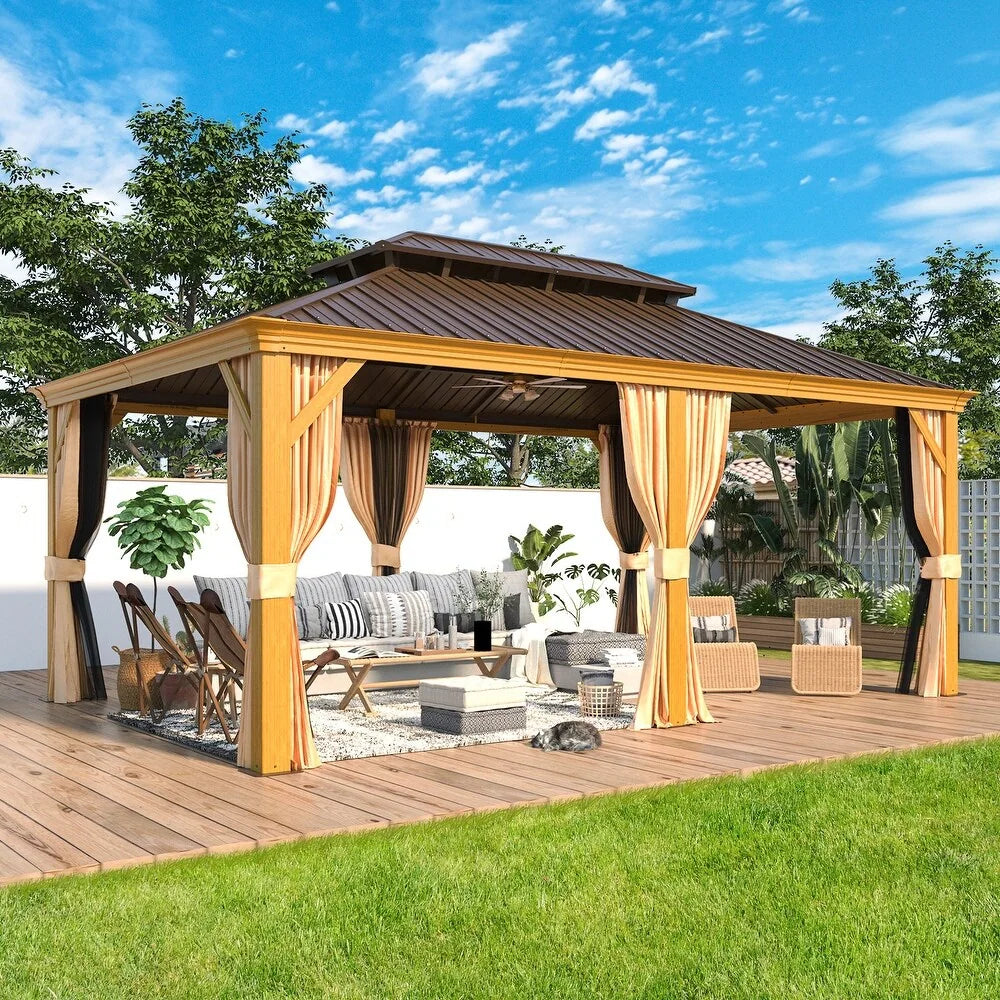 Outdoor Hardtop Gazebo with Galvanized Steel Double Roof & Aluminum Frame, Outdoor Pergola with Premium Curtains and Nettings