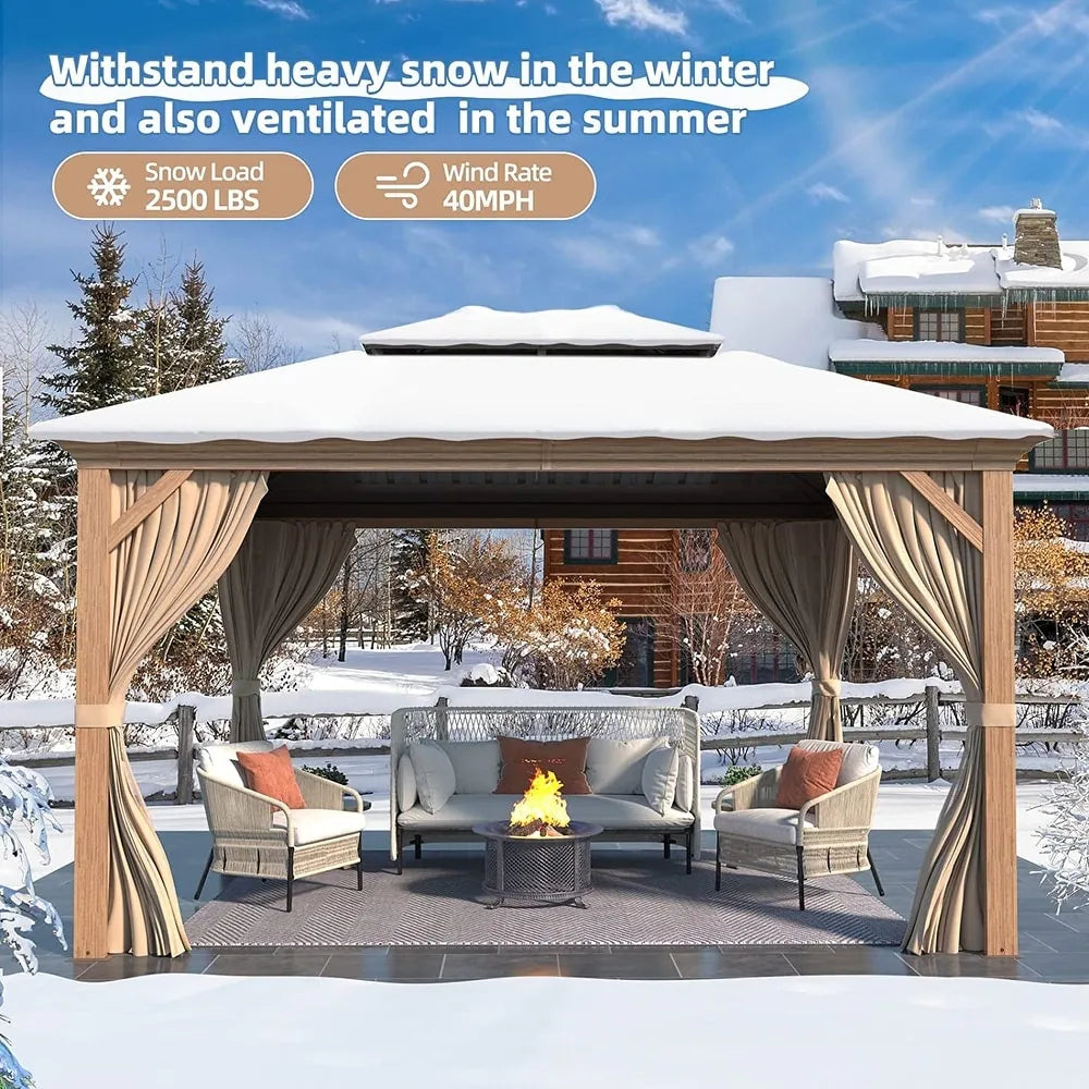 Outdoor Hardtop Gazebo with Galvanized Steel Double Roof & Aluminum Frame, Outdoor Pergola with Premium Curtains and Nettings
