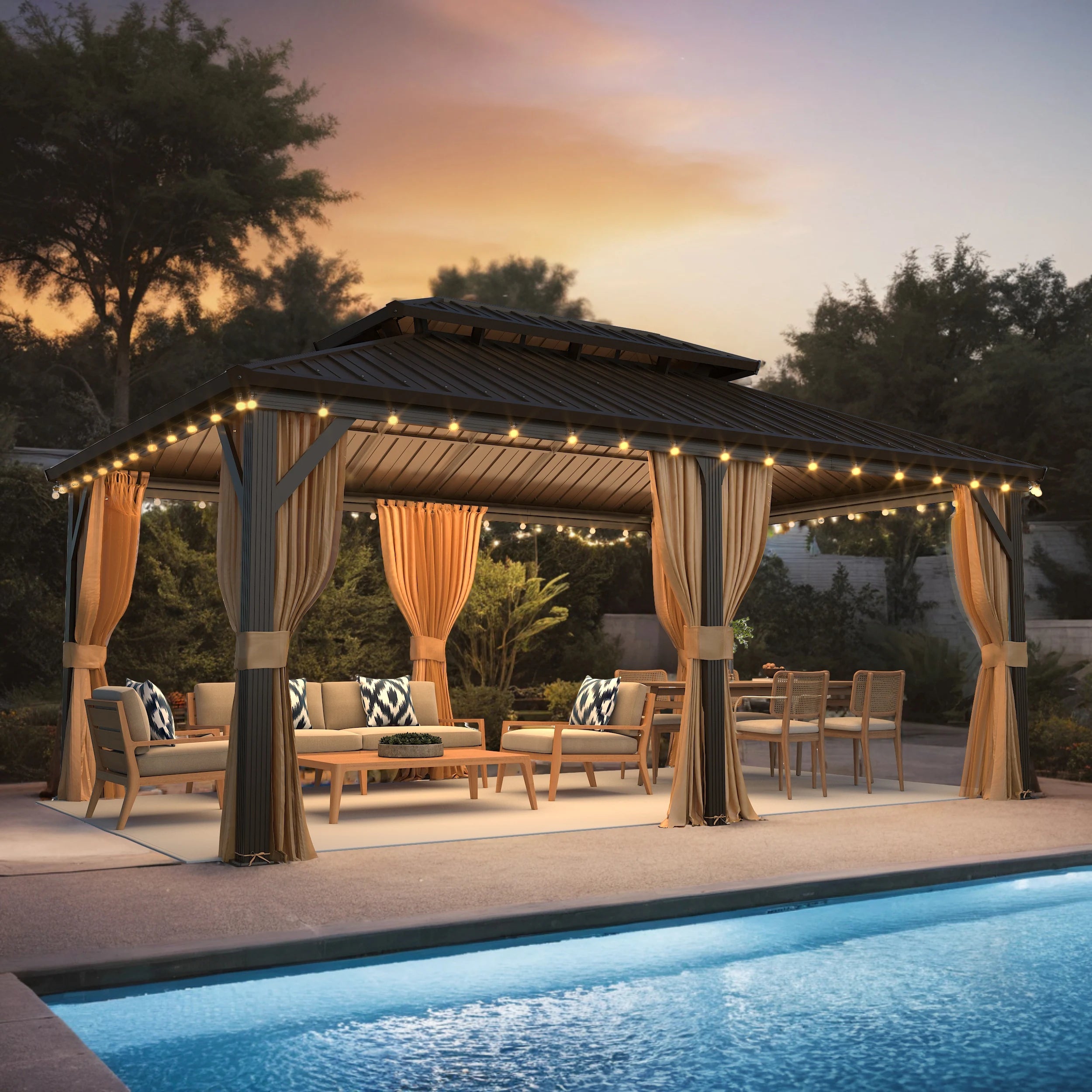 Outdoor Hardtop Gazebo with Galvanized Steel Double Roof & Aluminum Frame, Outdoor Pergola with Premium Curtains and Nettings