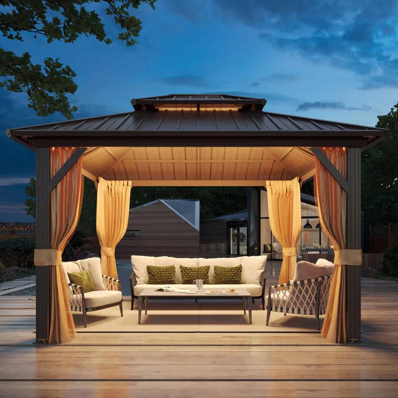 Outdoor Hardtop Gazebo with Galvanized Steel Double Roof & Aluminum Frame, Outdoor Pergola with Premium Curtains and Nettings