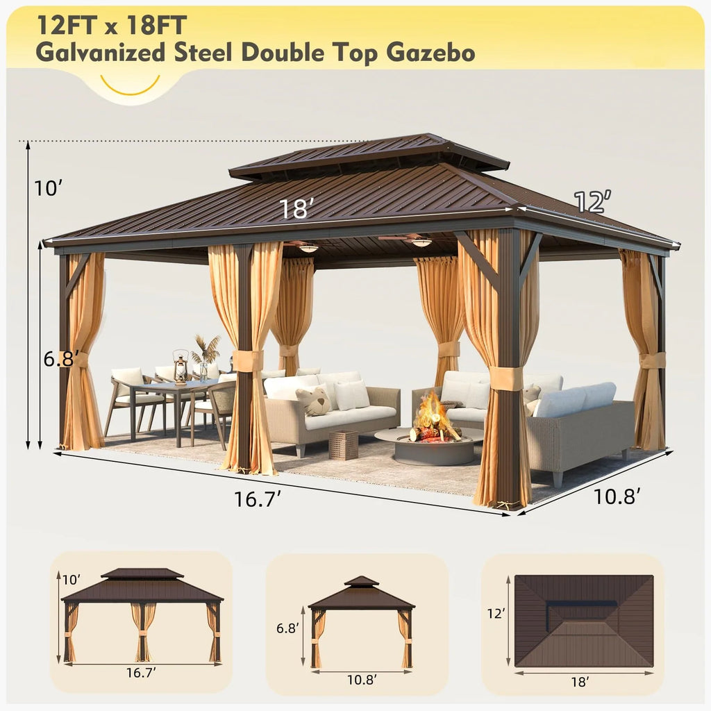 Outdoor Hardtop Gazebo with Galvanized Steel Double Roof & Aluminum Frame, Outdoor Pergola with Premium Curtains and Nettings