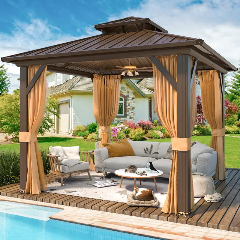 Outdoor Hardtop Gazebo with Galvanized Steel Double Roof & Aluminum Frame, Outdoor Pergola with Premium Curtains and Nettings