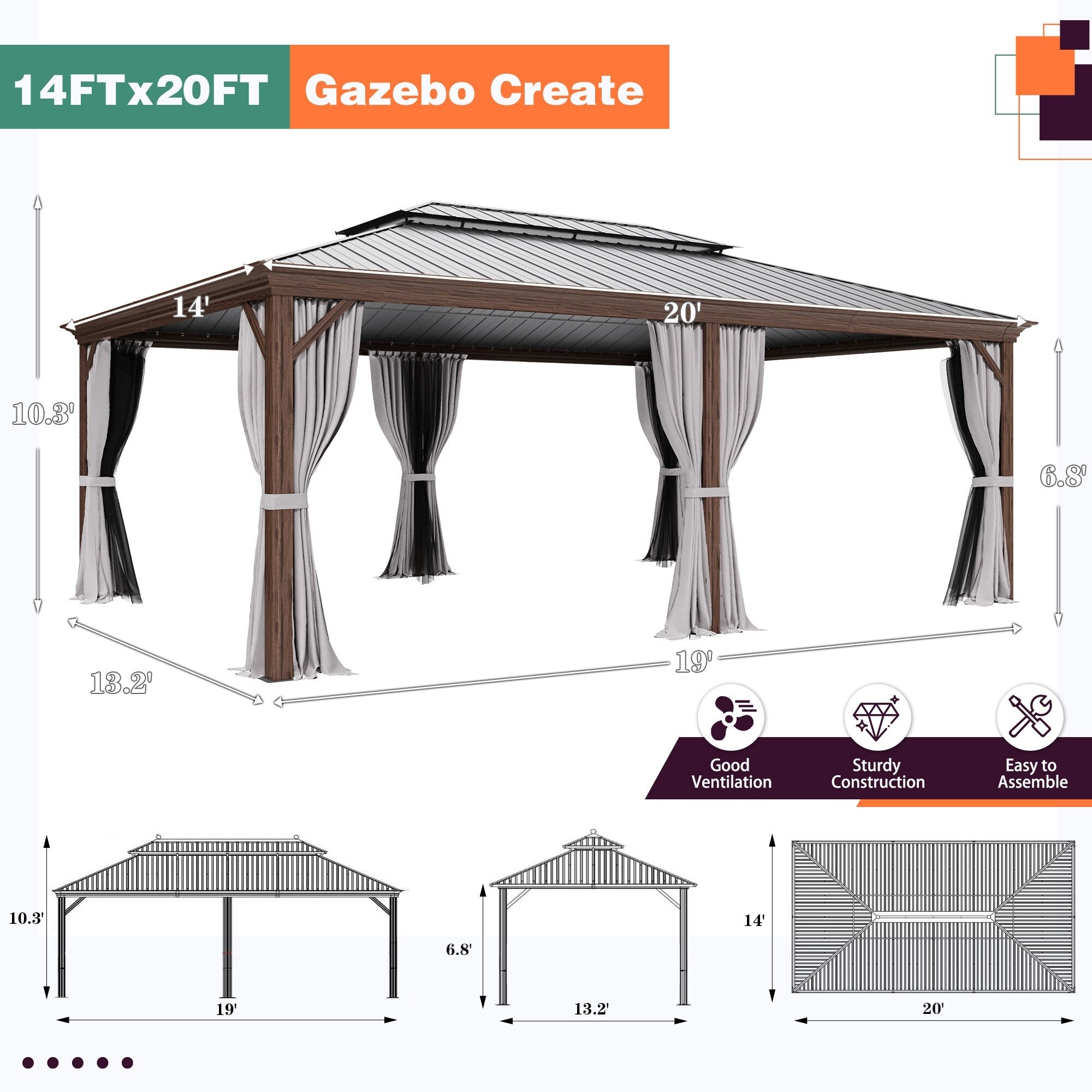 Outdoor Hardtop Gazebo with Galvanized Steel Double Roof & Aluminum Frame, Outdoor Pergola with Premium Curtains and Nettings