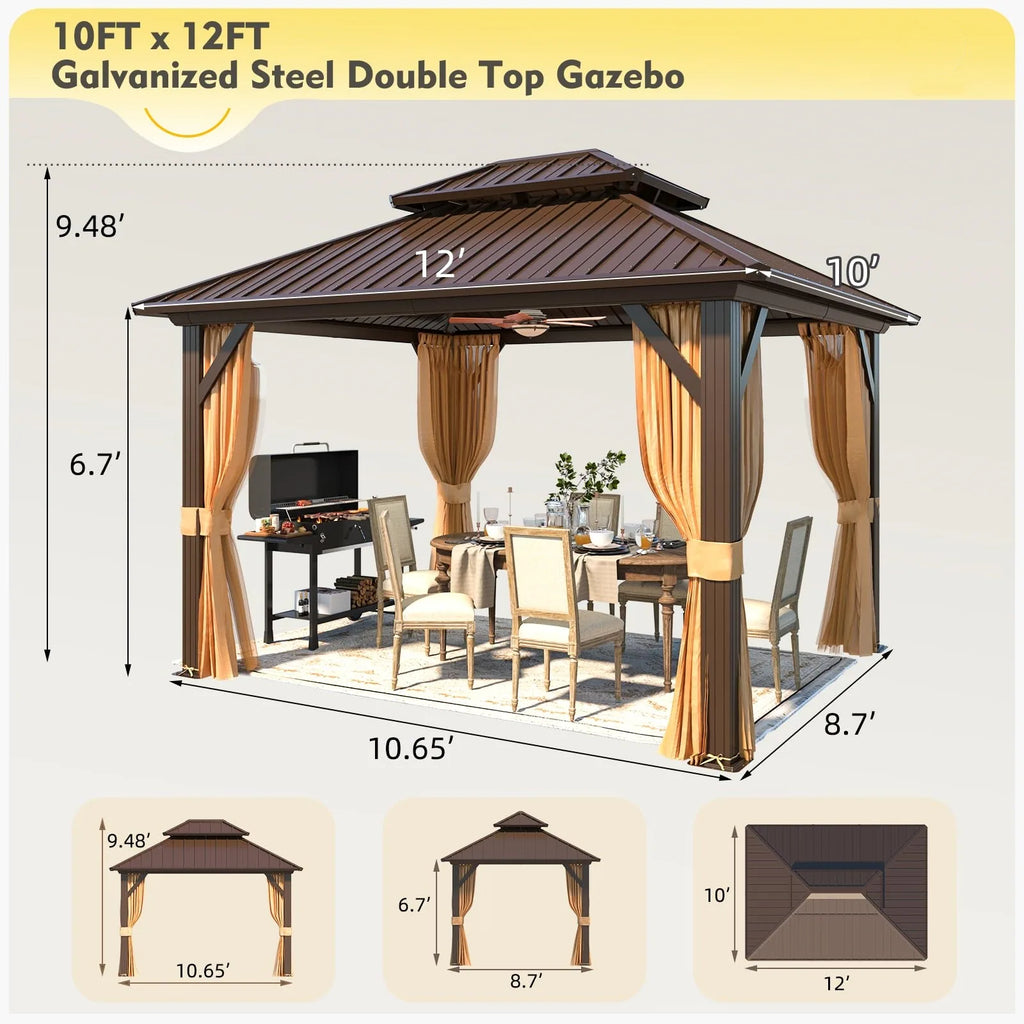 Outdoor Hardtop Gazebo with Galvanized Steel Double Roof & Aluminum Frame, Outdoor Pergola with Premium Curtains and Nettings