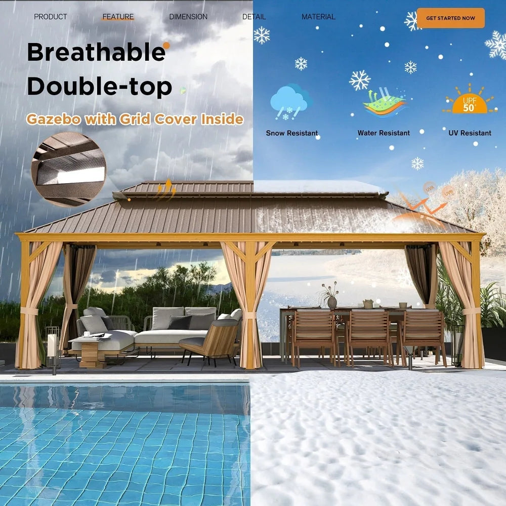 Outdoor Hardtop Gazebo with Galvanized Steel Double Roof & Aluminum Frame, Outdoor Pergola with Premium Curtains and Nettings