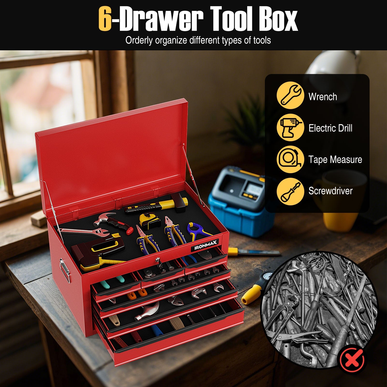 24 Inch Tool Chest Case with 6 Drawers and Top Storage for Garage Repair Shop & Warehouse-Red
