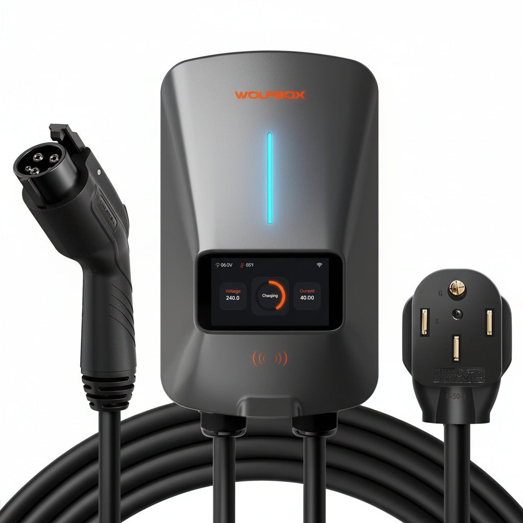 EV Charger, Level 2 EV Vehicle Charging Station, 240V 40 Amp with NEMA 14-50 Plug, Wifi Enabled Electric Car Charger, Smart Display, RFID Card, Grey