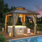Outdoor Hardtop Gazebo with Galvanized Steel Double Roof & Aluminum Frame, Outdoor Pergola with Premium Curtains and Nettings