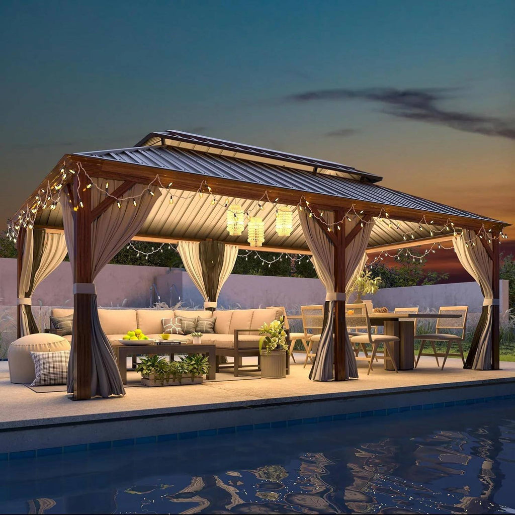 Outdoor Hardtop Gazebo with Galvanized Steel Double Roof & Aluminum Frame, Outdoor Pergola with Premium Curtains and Nettings