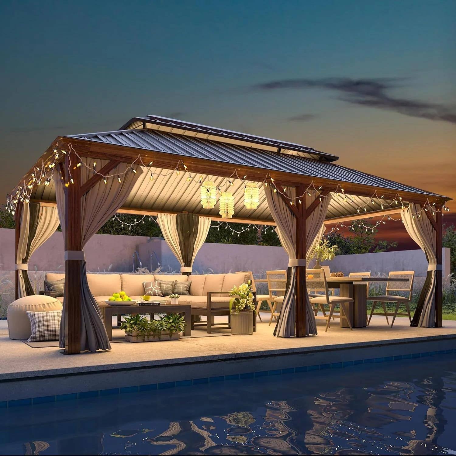 Outdoor Hardtop Gazebo with Galvanized Steel Double Roof & Aluminum Frame, Outdoor Pergola with Premium Curtains and Nettings
