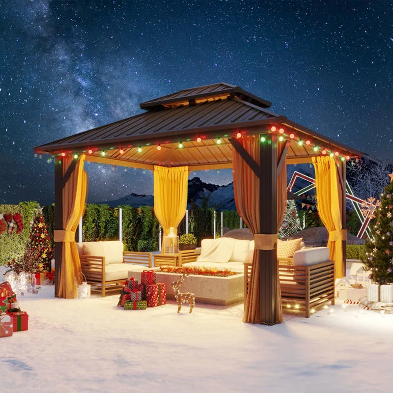 Outdoor Hardtop Gazebo with Galvanized Steel Double Roof & Aluminum Frame, Outdoor Pergola with Premium Curtains and Nettings