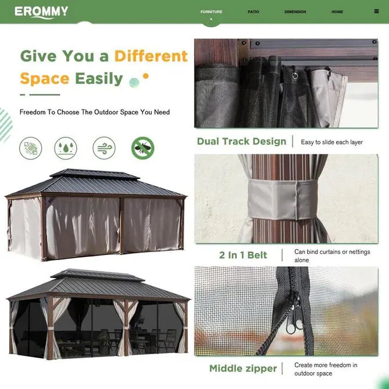 Outdoor Hardtop Gazebo with Galvanized Steel Double Roof & Aluminum Frame, Outdoor Pergola with Premium Curtains and Nettings