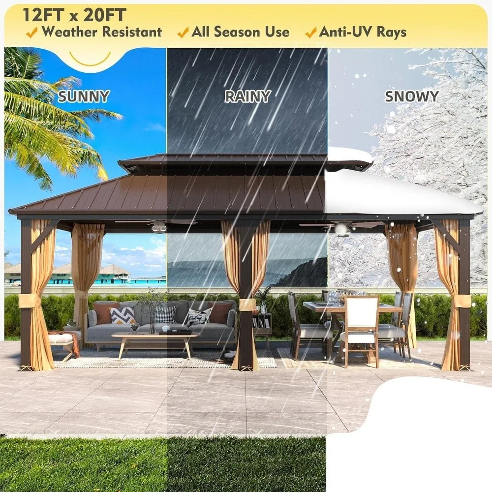 Outdoor Hardtop Gazebo with Galvanized Steel Double Roof & Aluminum Frame, Outdoor Pergola with Premium Curtains and Nettings