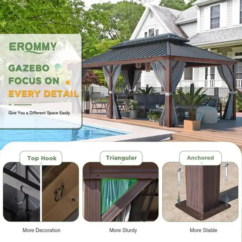 Outdoor Hardtop Gazebo with Galvanized Steel Double Roof & Aluminum Frame, Outdoor Pergola with Premium Curtains and Nettings