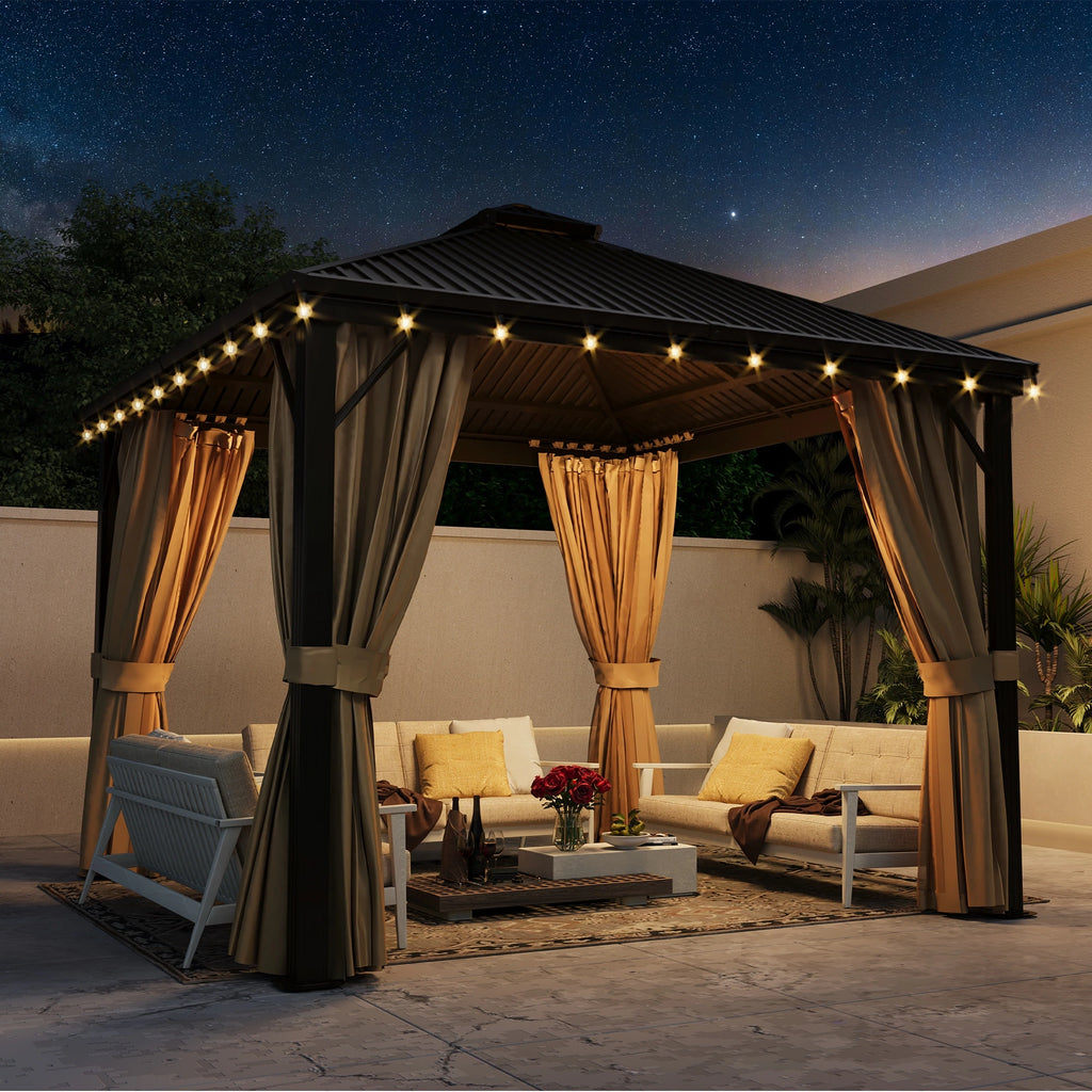 Outdoor Hardtop Gazebo with Galvanized Steel Double Roof & Aluminum Frame, Outdoor Pergola with Premium Curtains and Nettings