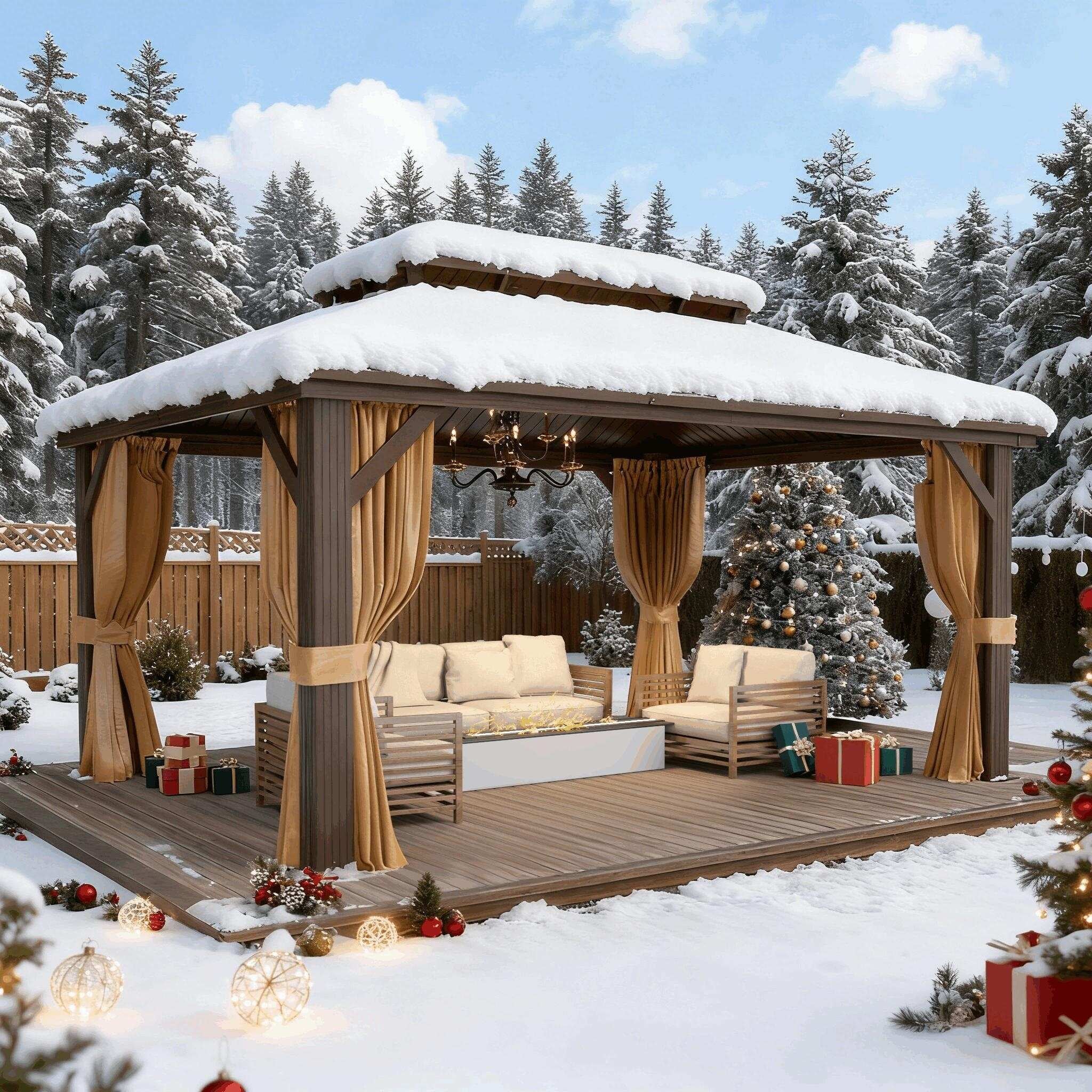 Outdoor Hardtop Gazebo with Galvanized Steel Double Roof & Aluminum Frame, Outdoor Pergola with Premium Curtains and Nettings