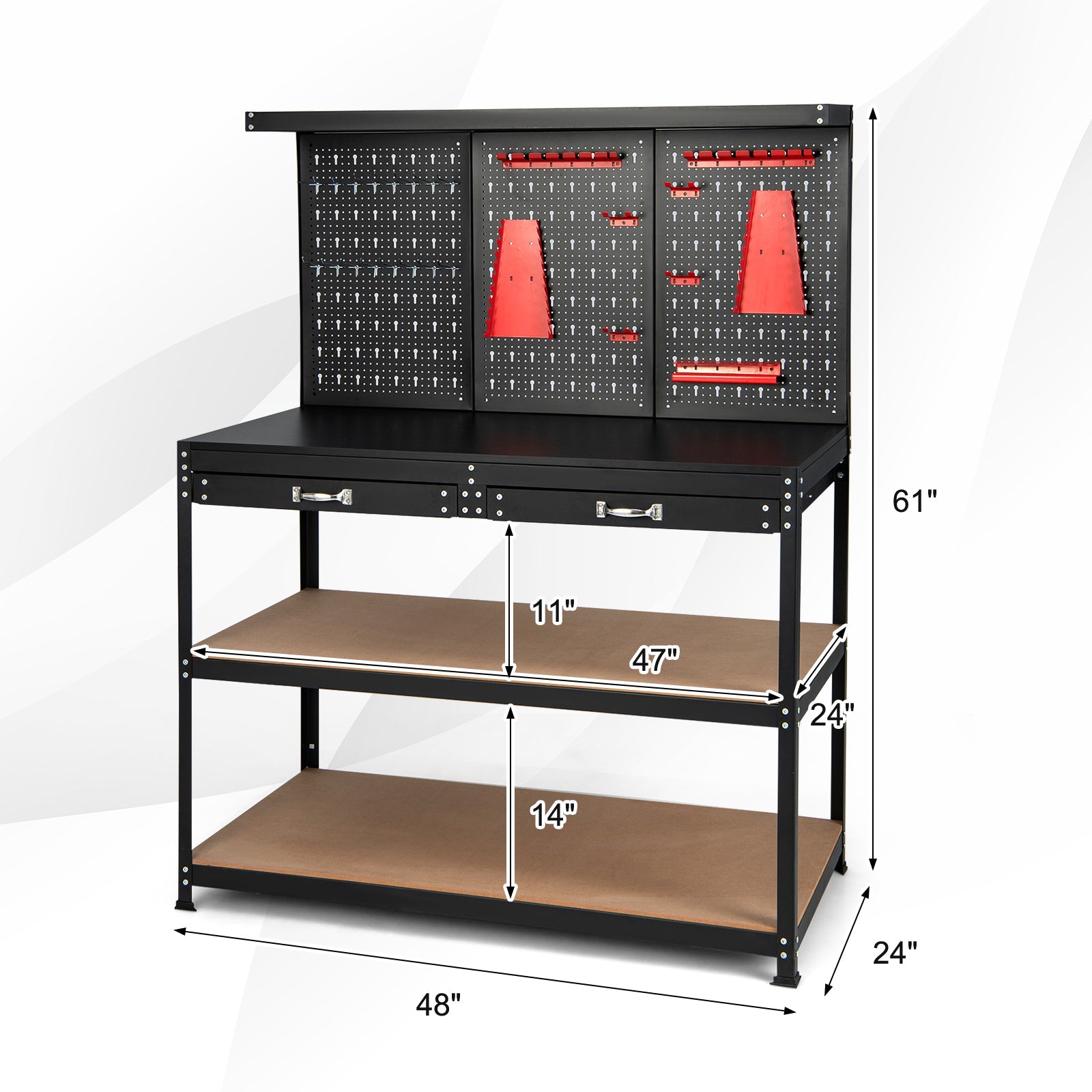 48 Inch Workbench with Pegboard and Drawers-Black