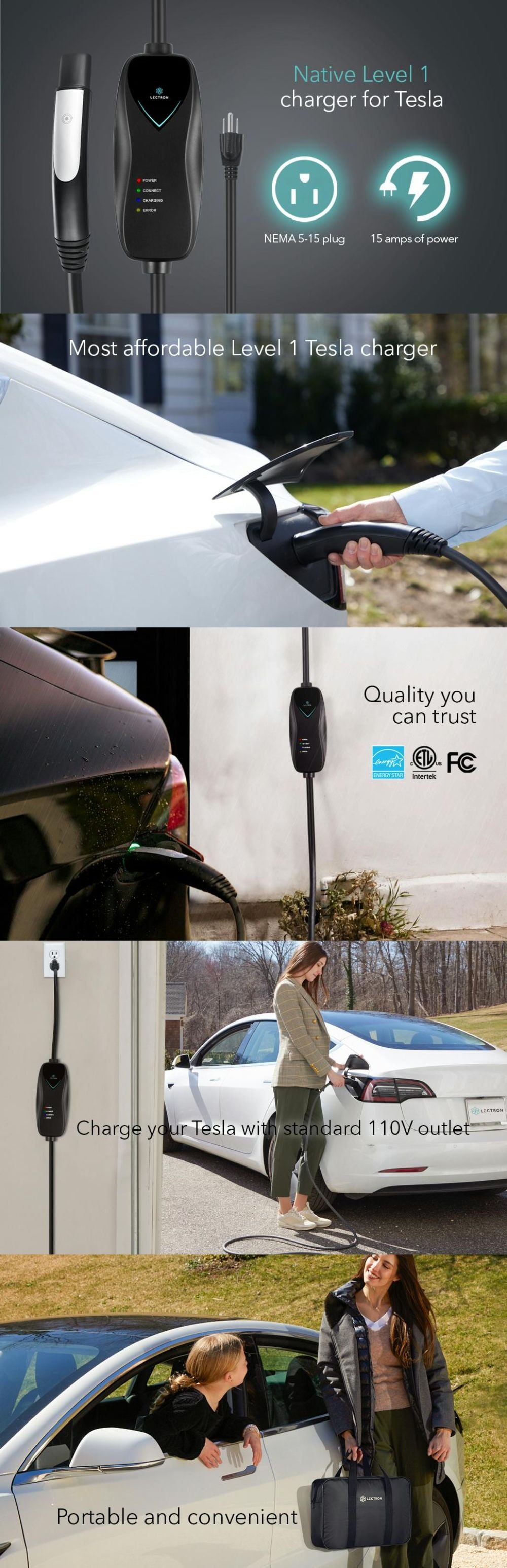 Level 1 Tesla Charger - 110V, 15 Amp, NEMA 5-15 Plug, 16 Ft Extension Cord - Portable Electric Car Charger for Tesla - Compatible with All Tesla Models X/Y/3/S