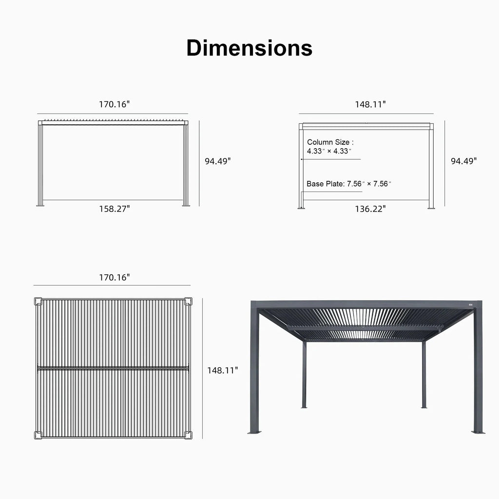 Gray Louvered Pergola Outdoor Aluminum Pergola with Adjustable Roof for Patio Gray Hardtop Gazebo