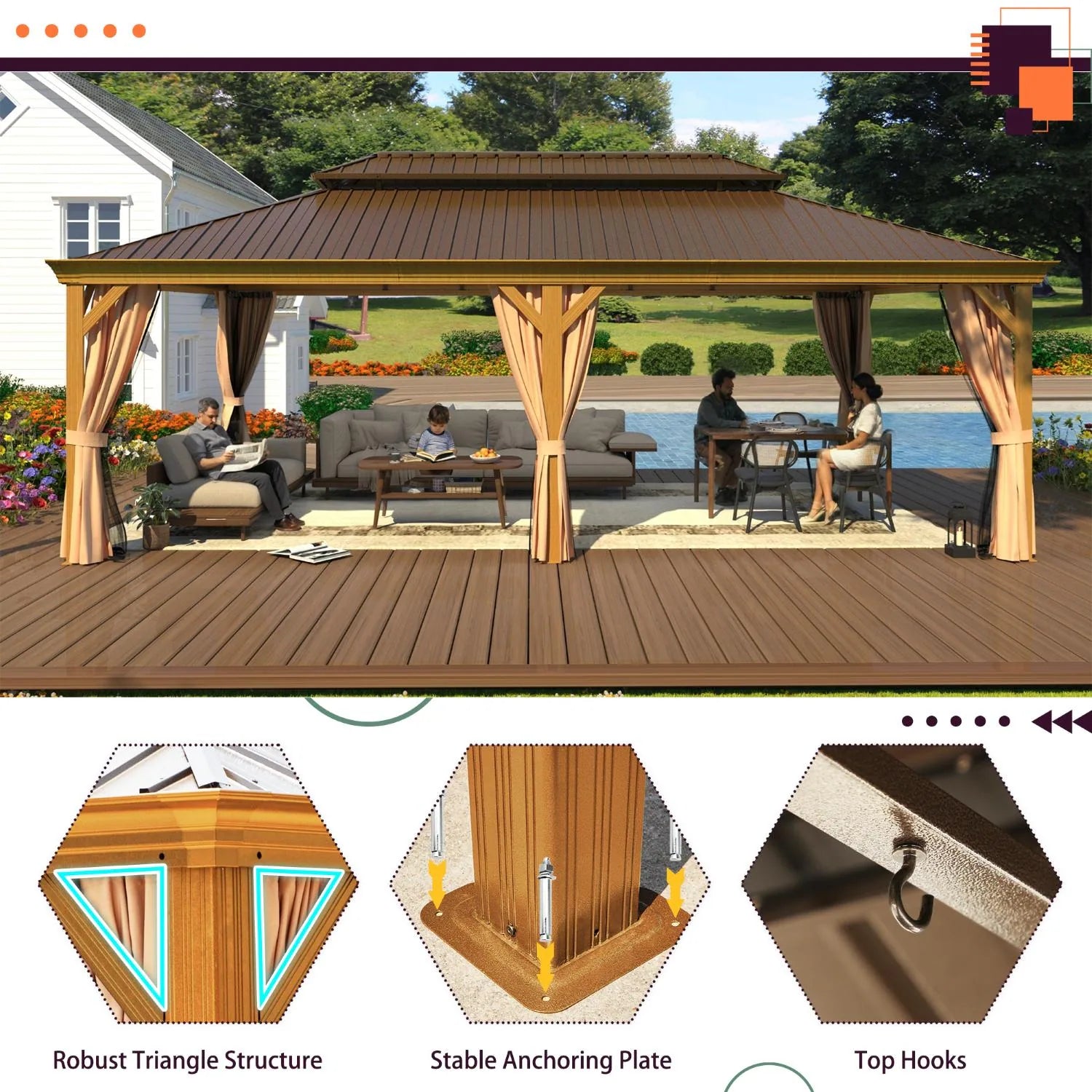 Outdoor Hardtop Gazebo with Galvanized Steel Double Roof & Aluminum Frame, Outdoor Pergola with Premium Curtains and Nettings