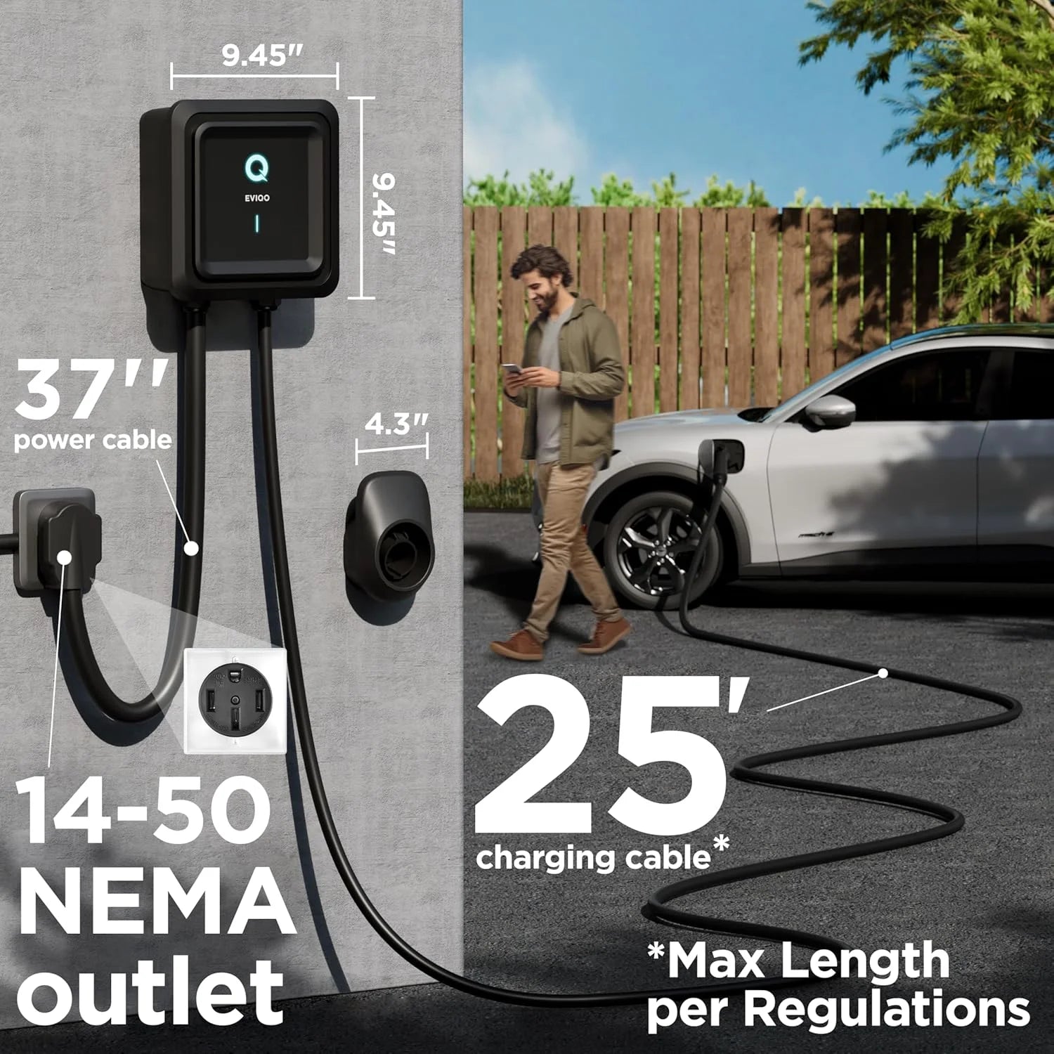 Level 2 EV Charger - 48 Amp, NEMA 14-50, 240V J1772, 25' Cord, Certified