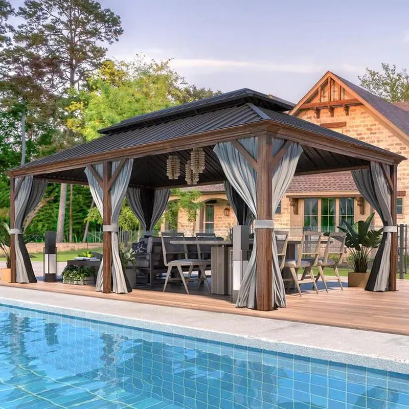 Outdoor Hardtop Gazebo with Galvanized Steel Double Roof & Aluminum Frame, Outdoor Pergola with Premium Curtains and Nettings