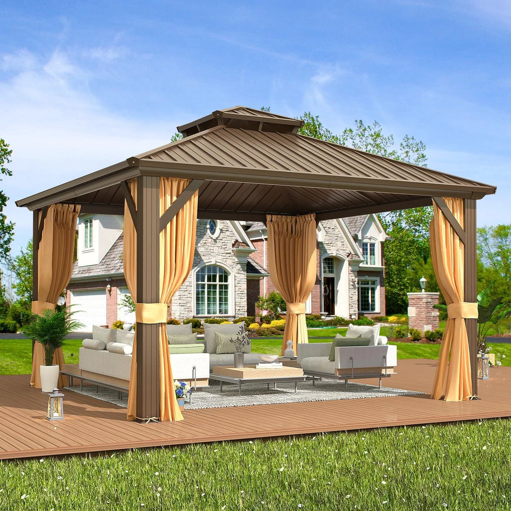 Outdoor Hardtop Gazebo with Galvanized Steel Double Roof & Aluminum Frame, Outdoor Pergola with Premium Curtains and Nettings