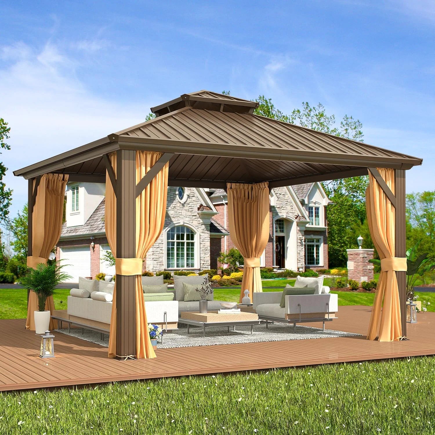 Outdoor Hardtop Gazebo with Galvanized Steel Double Roof & Aluminum Frame, Outdoor Pergola with Premium Curtains and Nettings