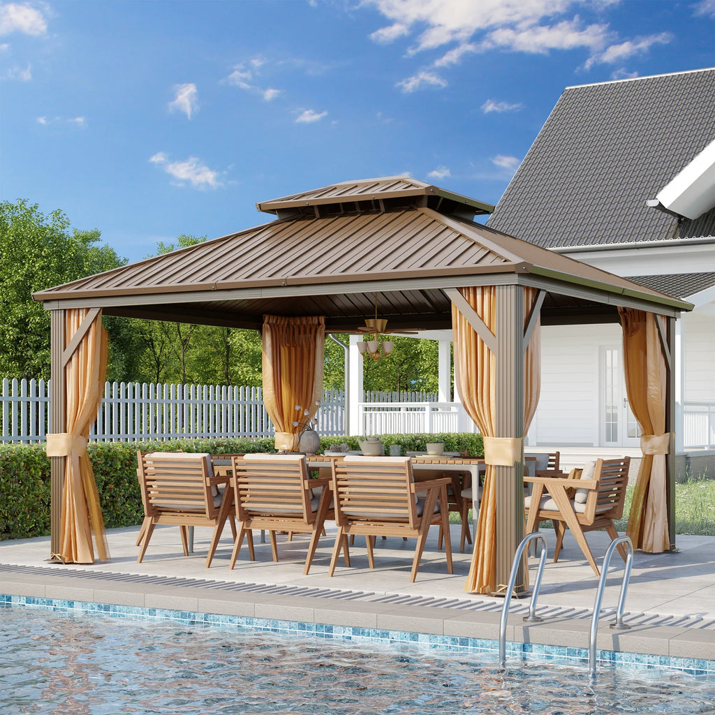 Outdoor Hardtop Gazebo with Galvanized Steel Double Roof & Aluminum Frame, Outdoor Pergola with Premium Curtains and Nettings