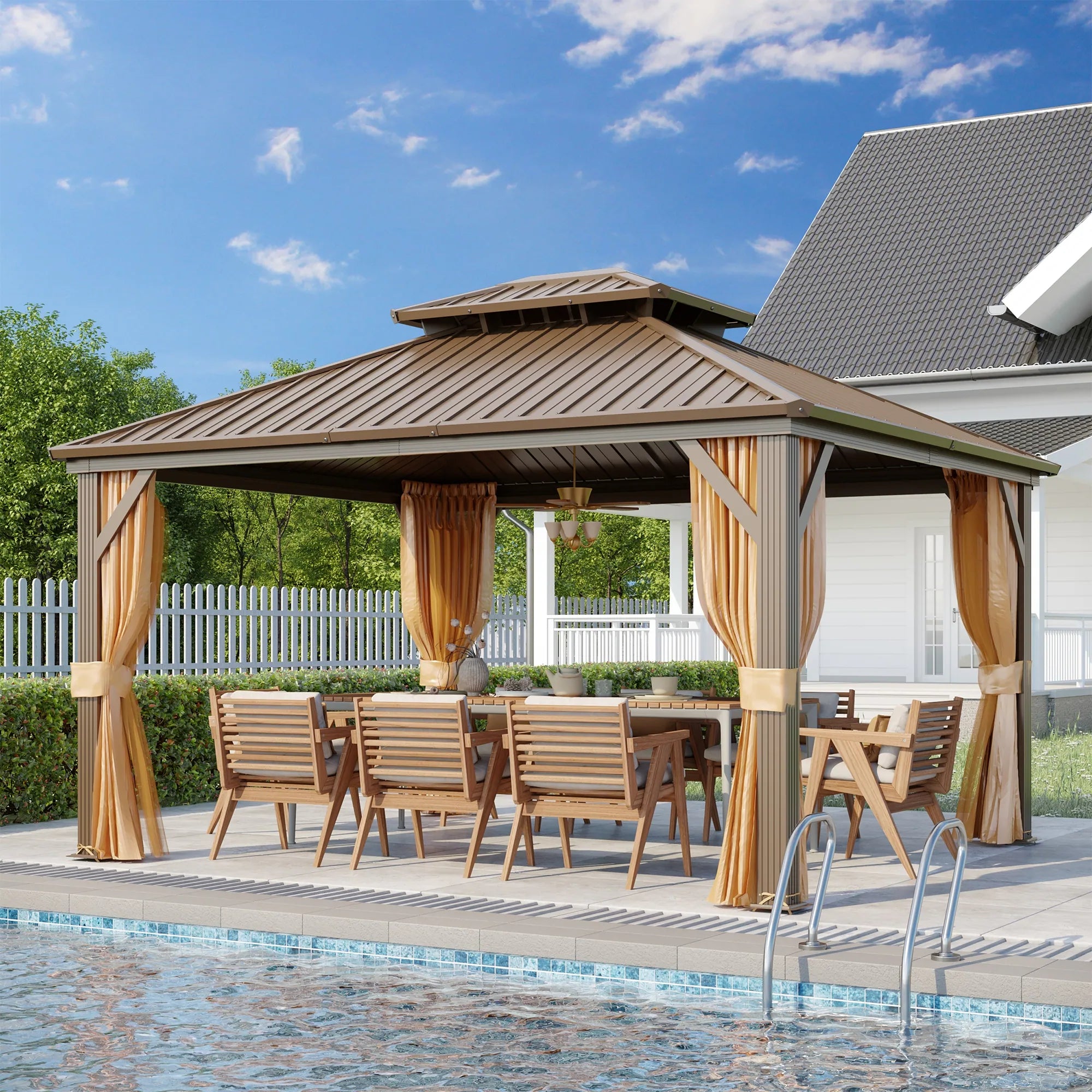 Outdoor Hardtop Gazebo with Galvanized Steel Double Roof & Aluminum Frame, Outdoor Pergola with Premium Curtains and Nettings