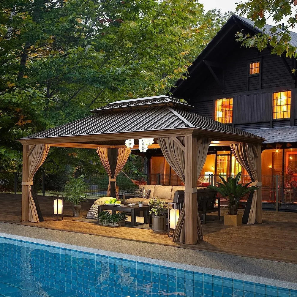 Outdoor Hardtop Gazebo with Galvanized Steel Double Roof & Aluminum Frame, Outdoor Pergola with Premium Curtains and Nettings