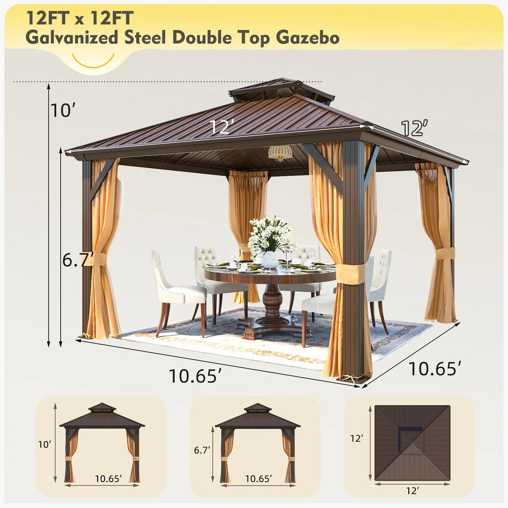 Outdoor Hardtop Gazebo with Galvanized Steel Double Roof & Aluminum Frame, Outdoor Pergola with Premium Curtains and Nettings