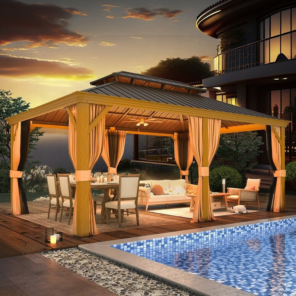 Outdoor Hardtop Gazebo with Galvanized Steel Double Roof & Aluminum Frame, Outdoor Pergola with Premium Curtains and Nettings