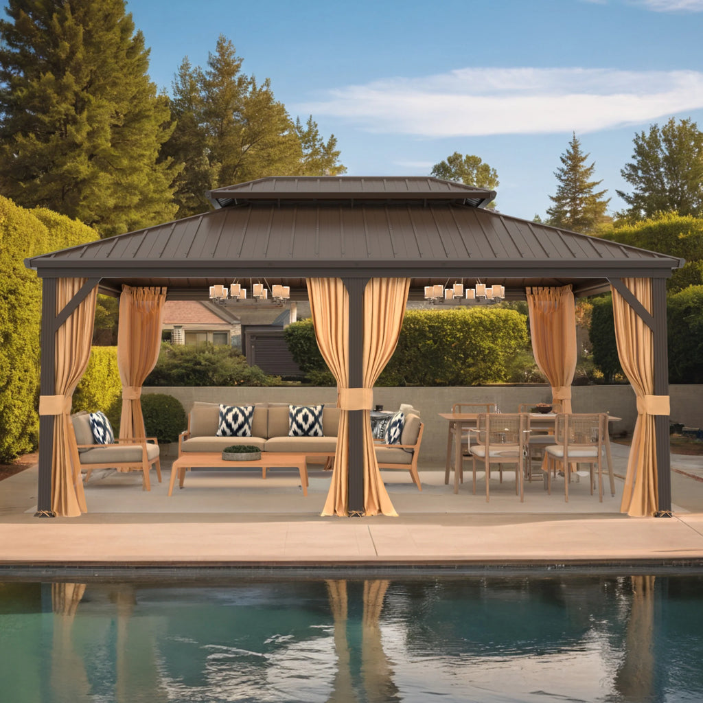 Outdoor Hardtop Gazebo with Galvanized Steel Double Roof & Aluminum Frame, Outdoor Pergola with Premium Curtains and Nettings