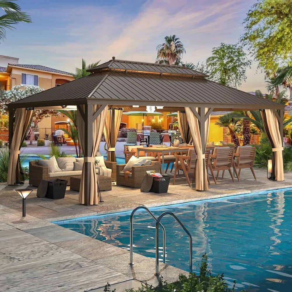 Outdoor Hardtop Gazebo with Galvanized Steel Double Roof & Aluminum Frame, Outdoor Pergola with Premium Curtains and Nettings