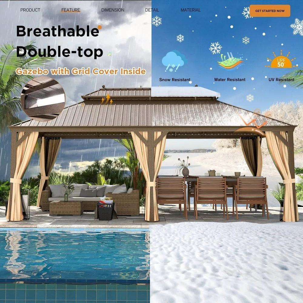 Outdoor Hardtop Gazebo with Galvanized Steel Double Roof & Aluminum Frame, Outdoor Pergola with Premium Curtains and Nettings
