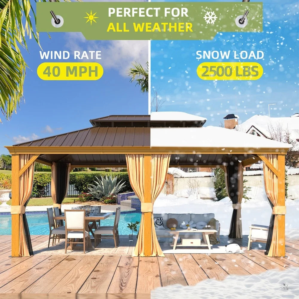 Outdoor Hardtop Gazebo with Galvanized Steel Double Roof & Aluminum Frame, Outdoor Pergola with Premium Curtains and Nettings