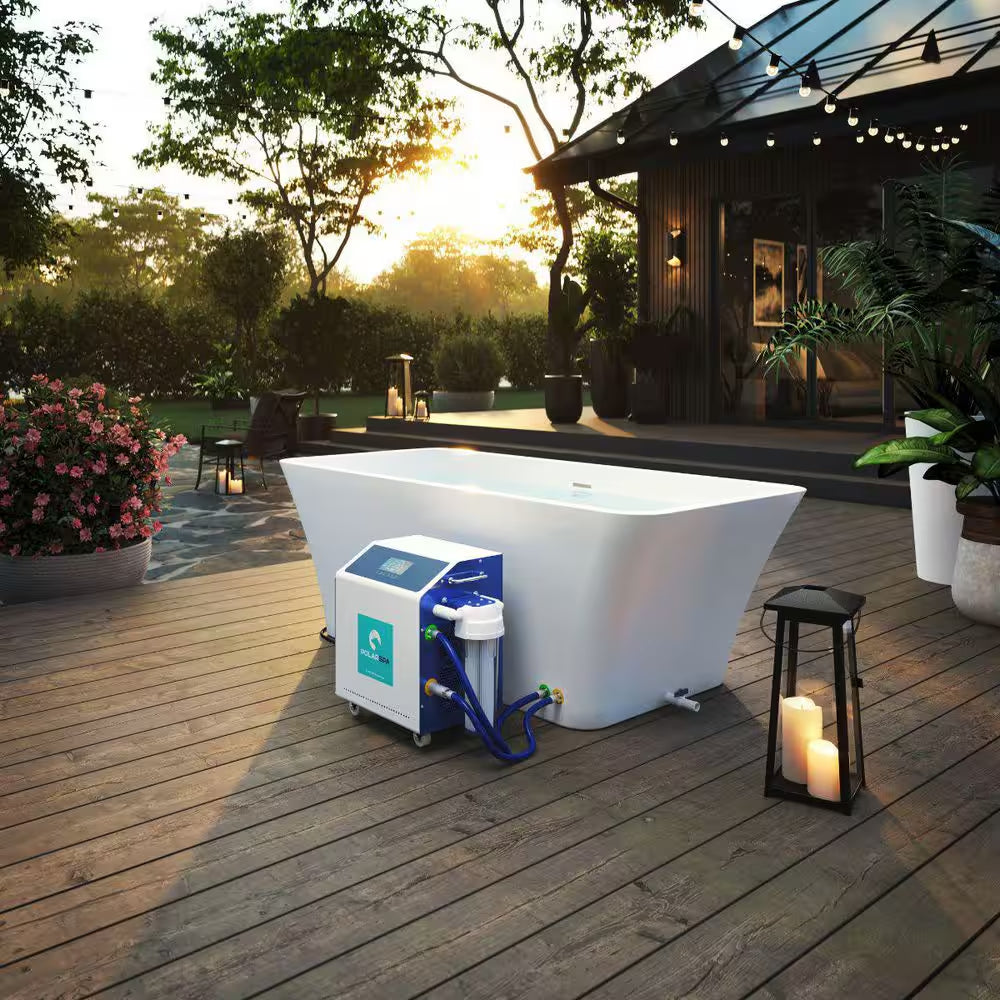 Polarspa 67 In. 1-Person 0-Jet Cold Plunge Ice Bath Tub/Hot Tub with Cover and Chiller/Heater in White