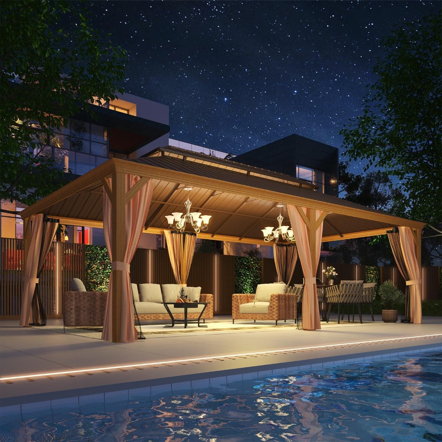 Outdoor Hardtop Gazebo with Galvanized Steel Double Roof & Aluminum Frame, Outdoor Pergola with Premium Curtains and Nettings