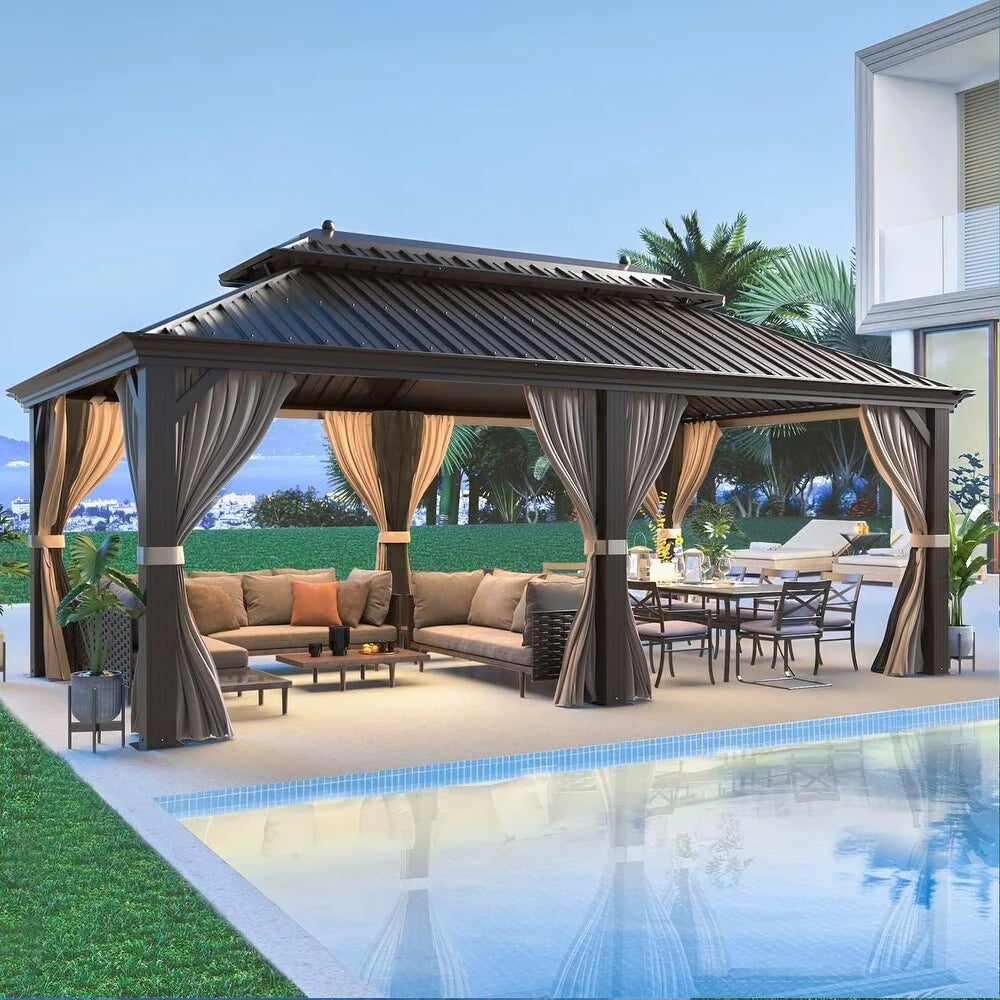 Outdoor Hardtop Gazebo with Galvanized Steel Double Roof & Aluminum Frame, Outdoor Pergola with Premium Curtains and Nettings