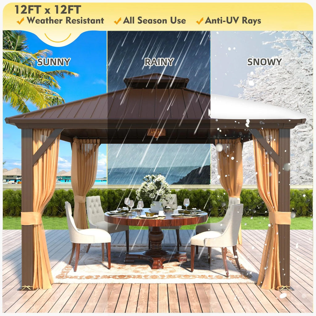 Outdoor Hardtop Gazebo with Galvanized Steel Double Roof & Aluminum Frame, Outdoor Pergola with Premium Curtains and Nettings