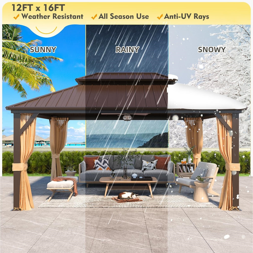 Outdoor Hardtop Gazebo with Galvanized Steel Double Roof & Aluminum Frame, Outdoor Pergola with Premium Curtains and Nettings