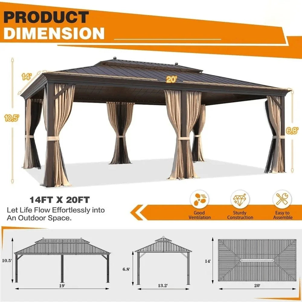 Outdoor Hardtop Gazebo with Galvanized Steel Double Roof & Aluminum Frame, Outdoor Pergola with Premium Curtains and Nettings